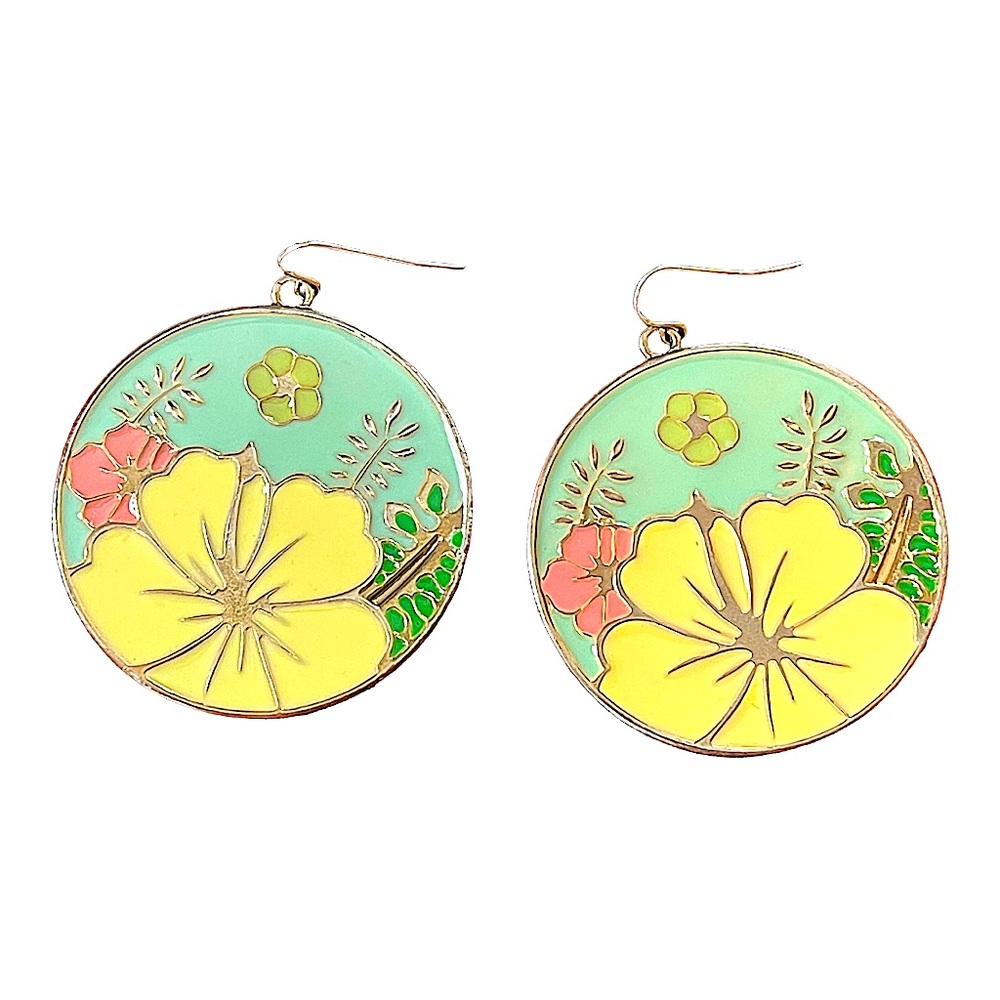 🎉HP🎉VINTAGE 70’s FLOWER POWER EARRINGS🌼2” round•painted enamel•pierced dangle